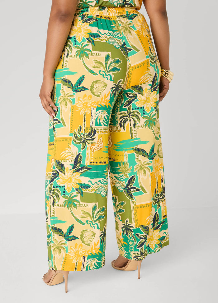 Tropical Print Wide Leg Pants
