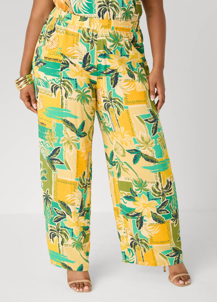 Tropical Print Wide Leg Pants