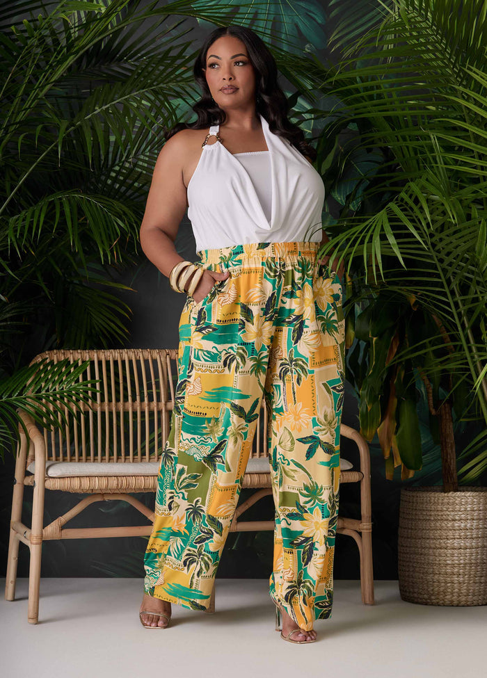 Tropical Print Wide Leg Pants