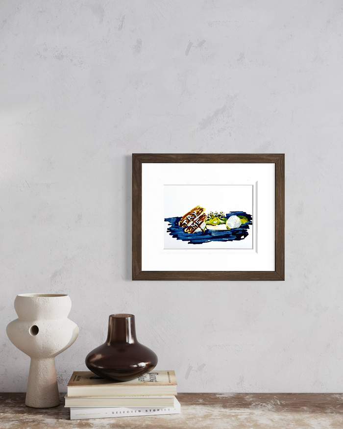 Try Me 5x7 frog art print displayed in a brown frame on a neutral wall