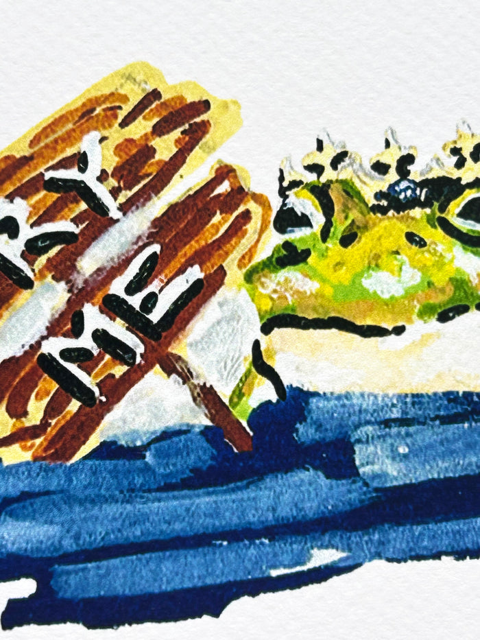 Close-up detail of Try Me frog art print showing the crowned frog and hand-painted sign