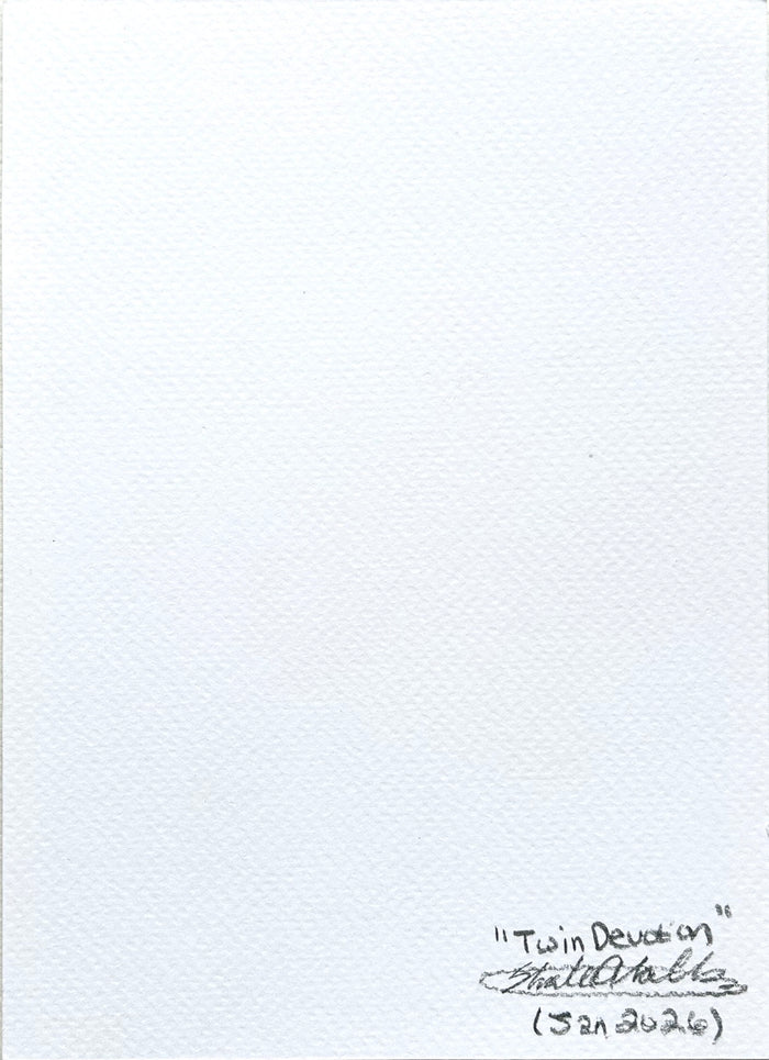 Back of Twin Devotion 5x7 art print showing Shalee Talbert's signature, artwork title, and January 2026 date