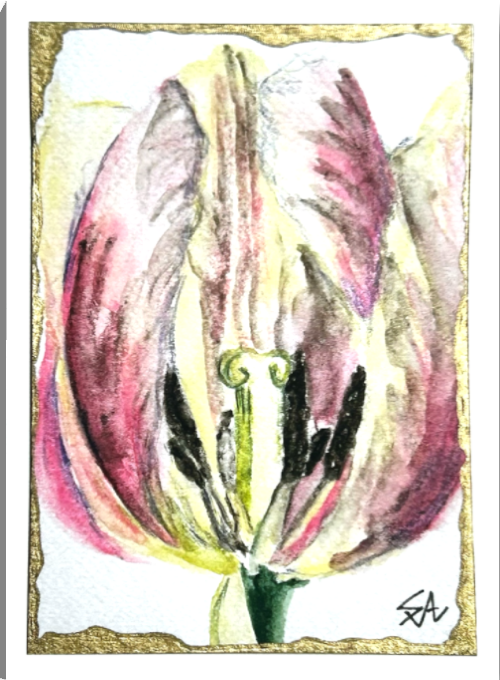 Veil of Becoming 5x7 art print featuring an expressive pink, green, and gold flower from the Poise and Petals collection