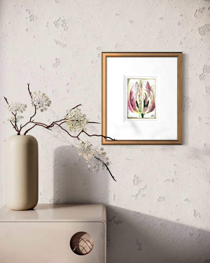 Veil of Becoming 5x7 floral art print displayed in a gold frame on a neutral wall