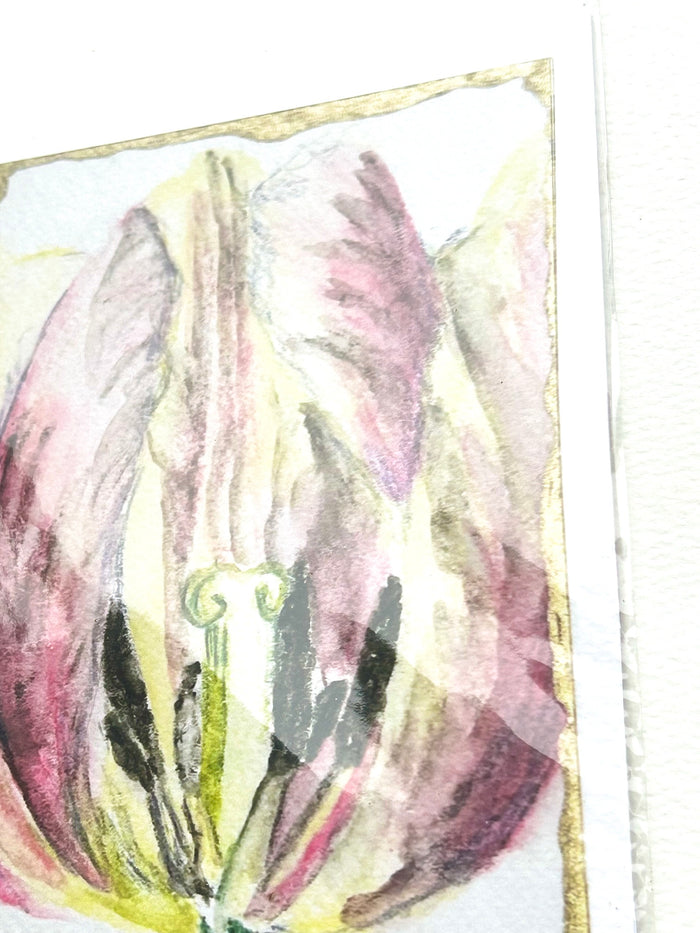 Angled close-up of Veil of Becoming 5x7 art print showing the pink floral artwork and gold border