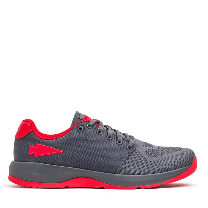 GORUCK Ballistic Trainers in wolf grey with high risk red accents, side profile on white background