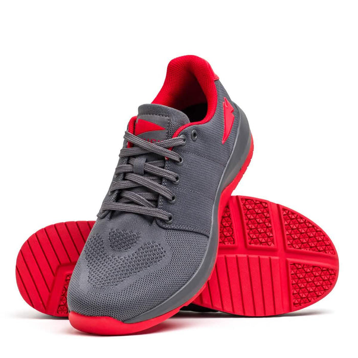 GORUCK Ballistic Trainers in wolf grey with high risk red accents, durable athletic shoes