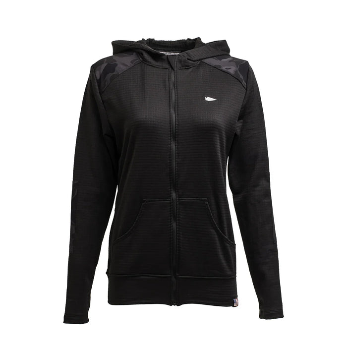 GORUCK women's black full zip grid fleece hoodie with camo shoulder accents, size M
