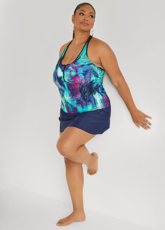Zip Front Leaf Print Tankini Top