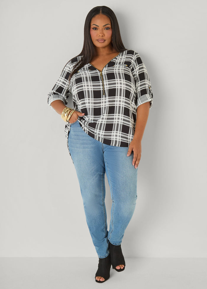 Zip Front Plaid Top