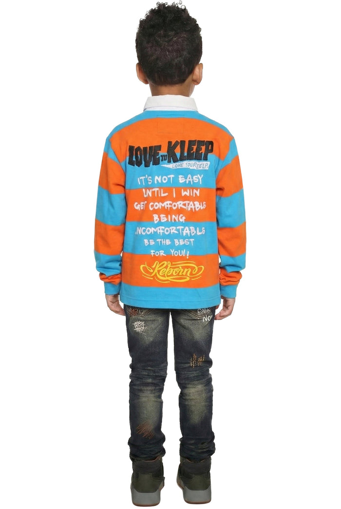 ZORA Kid's Long Sleeve Polo Shirt With Heavy Print Effects & Patch Works